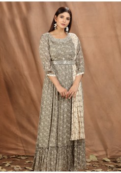 Grey & White Viscose Designer Gown